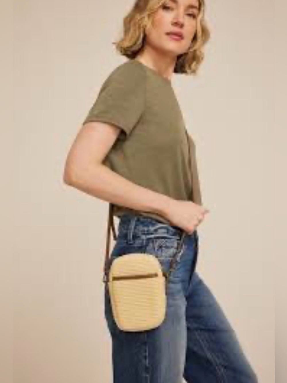 Maurices North South Raffia Crossbody Bag with Cognac Leather Trim